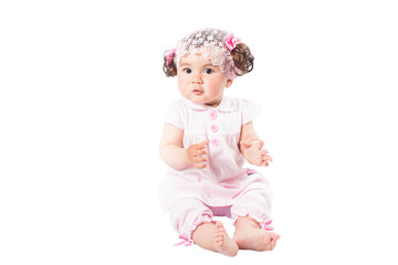 Little cute baby-girl  in pink dress on white background