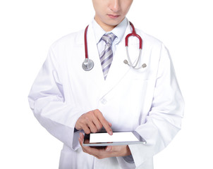 doctor with stethoscope showing blank tablet pc