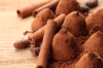 Composition of chocolate  truffles, cocoa and spices