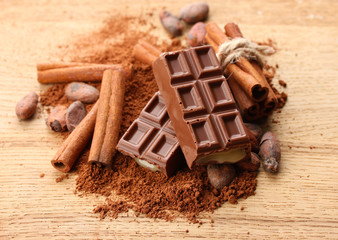 Composition of chocolate sweets, cocoa and  spices