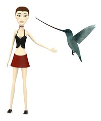 3d render of cartoon character with colibri bird