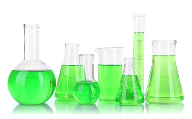 Test-tubes with green liquid isolated on white
