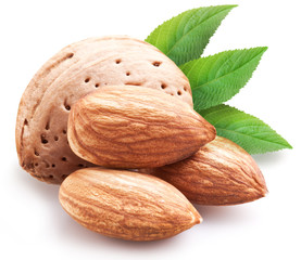 Almond nuts with leaves.
