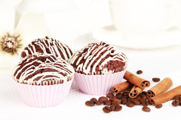Sweet chocolate cupcakes close up