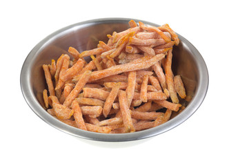Frozen sweet potato french fries in bowl