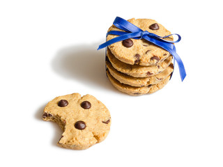 Closeup of chocolate chip cookies pile isolated on white backgro