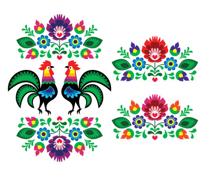 Polish ethnic floral embroidery with roosters traditional