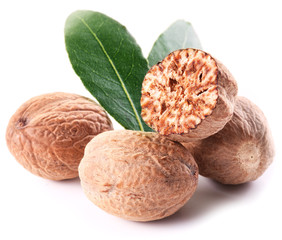 Nutmeg with leaves.