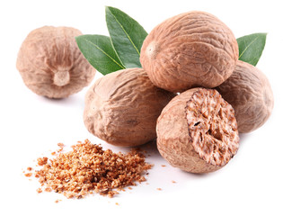 Nutmeg with leaves.