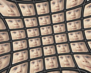 Distorted video screens showing the faces of a baby