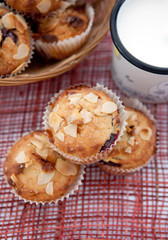 Muffins with almonds and cherries and milk, top view