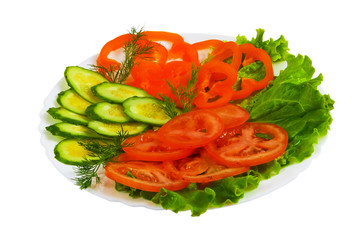 cucumbers tomatoes tasty sliced salad plate isolated on white ba