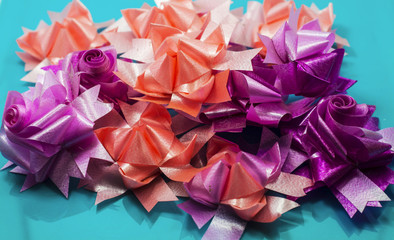The flowers made from ribbon