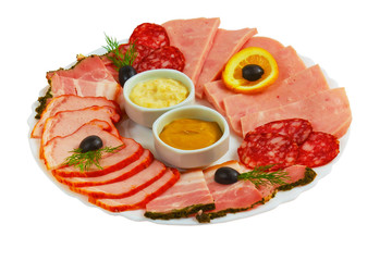 food sausage sliced ham mustard isolated plate on white backgrou