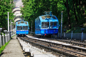 Naklejka premium Funicular trains moving on the hill