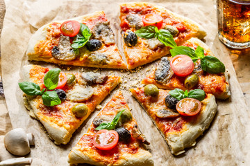 Baked pizza with fresh ingredients