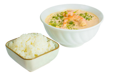 soup food shrimp rice plate isolated white background clipping p