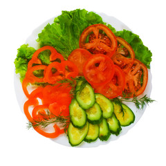 tomatoes tasty cucumbers sliced salad plate isolated on white ba