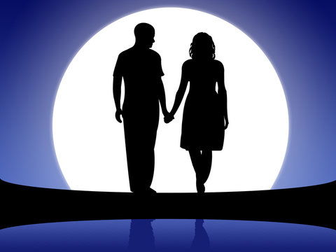 Ilustra&ccedil;&atilde;o de casal apaixonado a passear numa noite de luar
