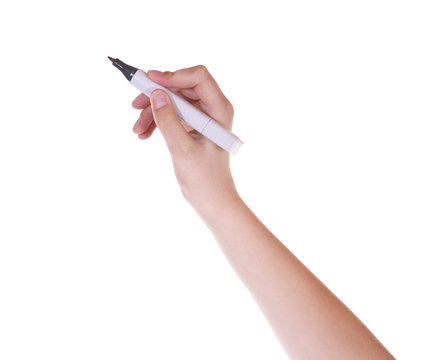 Hand mit Stift vor weissem Hintergrund