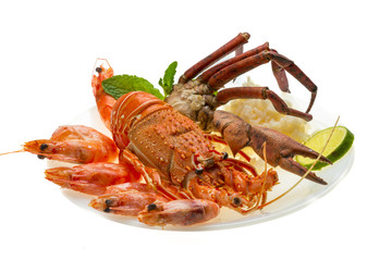 Spiny lobster, shrimps, crab legs  and rice