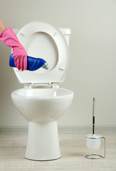Woman hand with spray bottle cleaning a toilet bowl in a