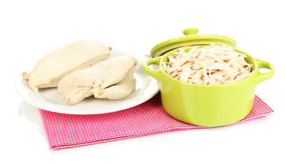 Shredded boiled chicken in green pan isolated on white