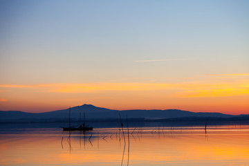 boat's silhouette in the sunset