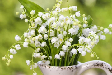 Photo sur Aluminium Muguet Lilly of the valley flowers in white rustic vase