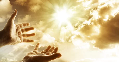 Fotobehang Hands reaching for the sky. Heaven. Hope for the future © Stillfx