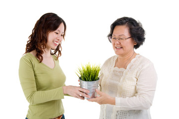 Senior woman and daughter holding a pot plant.