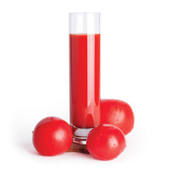 Full glass of fresh tomato juice and tomatoes isolated on white