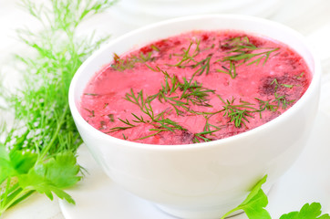 Red borscht with sour cream and dill