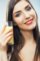 Woman hold glass with orange juice