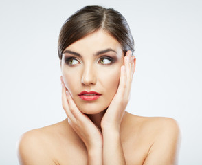 Fototapeta premium Woman face close up beauty portrait. Female model poses