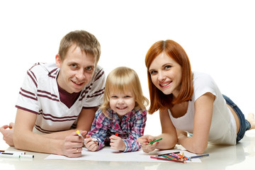 Happy family drawing picture.