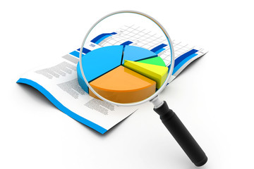 Financial pie chart and magnifying glass
