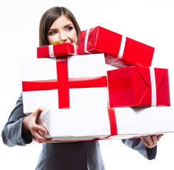 Gift box business woman hold against white  background.