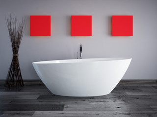Obraz na płótnie Canvas badewanne mit grauer wand und roten bildern