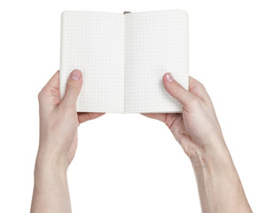 adult man hands shows open notebook