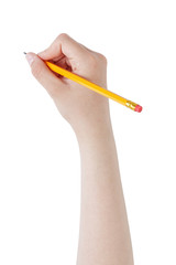 female teen hand holding pencil with eraser top