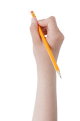 female teen hand holding pencil with eraser top