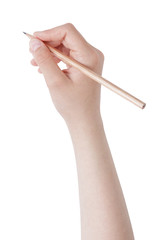 female teen hand holding natural wood pencil