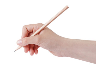 female teen hand holding natural wood pencil