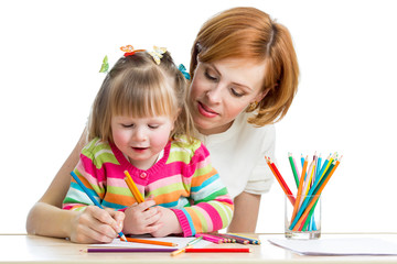 mother and daughter pencil together