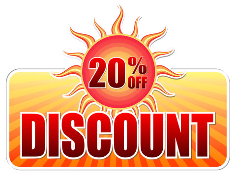 summer discount and 20 percentages off in label with sun