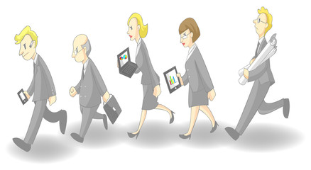 Row of busy businessmen and women (grey suit version)