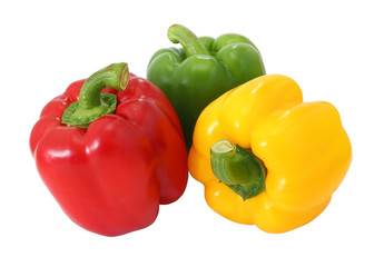 Red green and yellow sweet  bell pepper isolated on white backgr