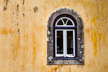 Arched Window on Yellow Wall of Pena Palace, Sintra, Portugal