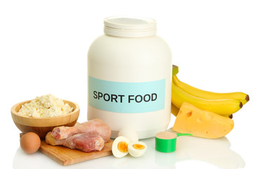 jar of protein powder and food with protein, isolated on white